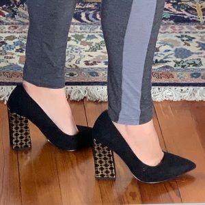 Black & Gold Wide Heel Suede Pumps